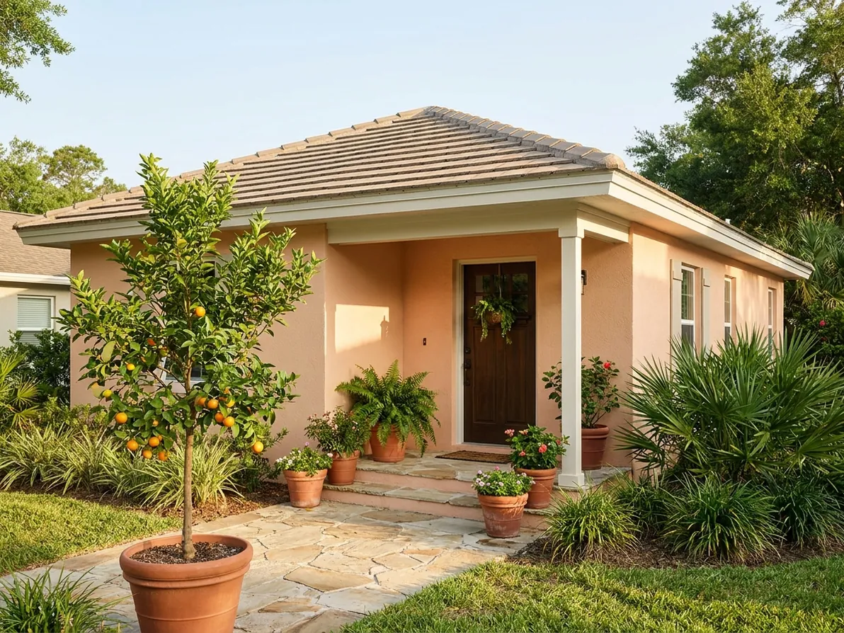 Peach-toned bungalow with a shaded entry and citrus tree