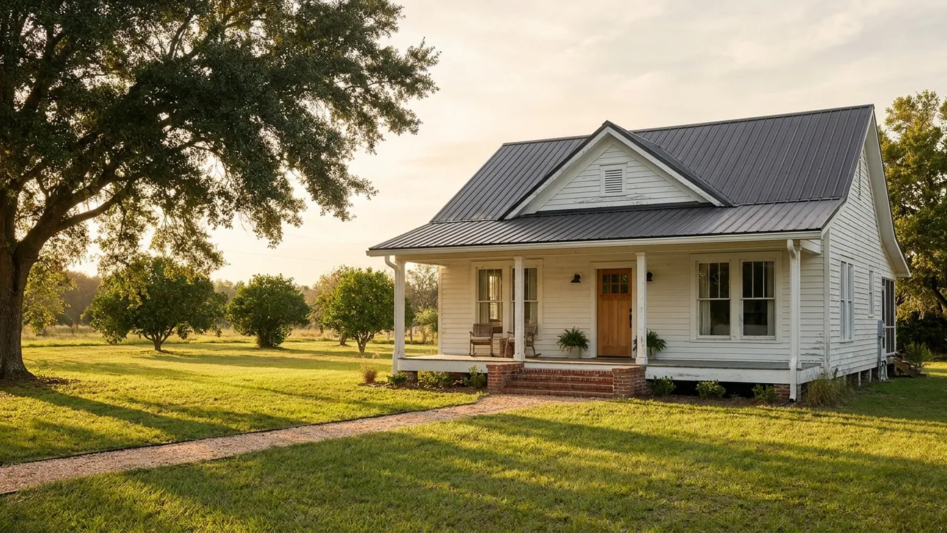 White bungalow with a deep porch and an oak-shaded yard